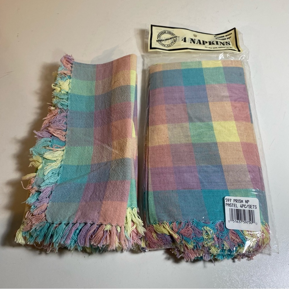 Set of 7 Pastel Color Block Woven Cotton Fringed Napkins 17” Square